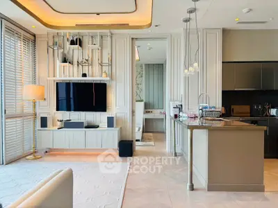 Luxurious open-plan living room with modern kitchen and elegant decor