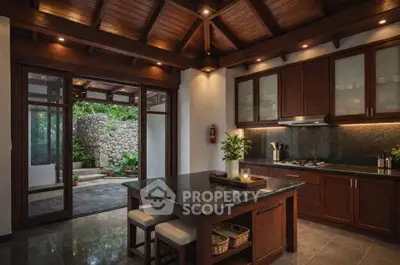 Luxurious kitchen with open layout and wooden ceiling, featuring a central island and garden view.