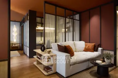 Modern living room with stylish decor and cozy seating area