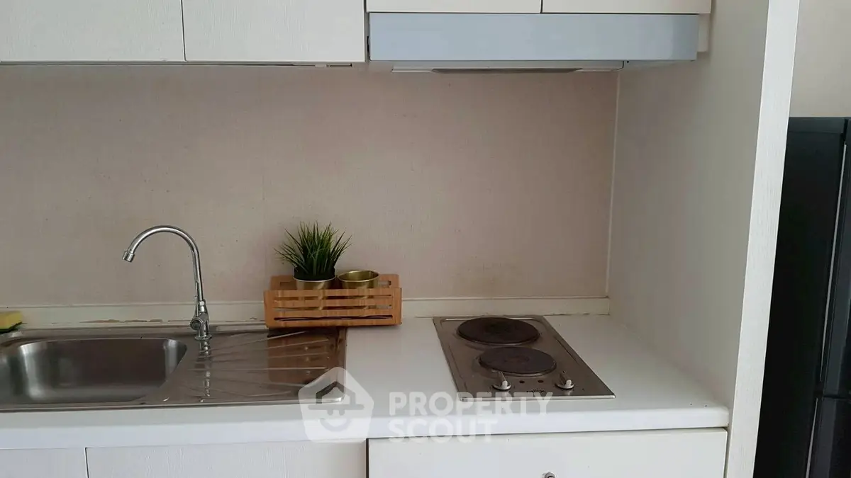 Compact kitchen with electric stove and sink, ideal for modern apartments.