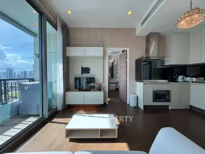 Modern living room with open kitchen and city view balcony in luxury apartment