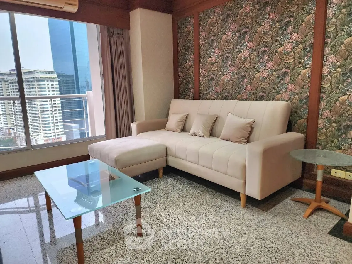 Stylish living room with modern sofa and city view in high-rise apartment
