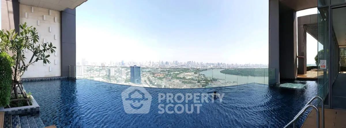 Luxurious rooftop infinity pool with stunning city skyline view, perfect for relaxation and leisure.