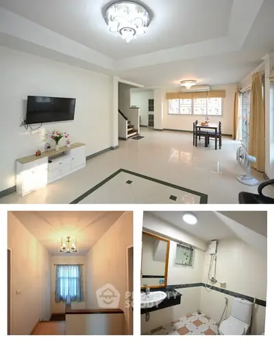 Spacious living room with modern lighting, cozy dining area, and elegant bathroom in a stylish home.