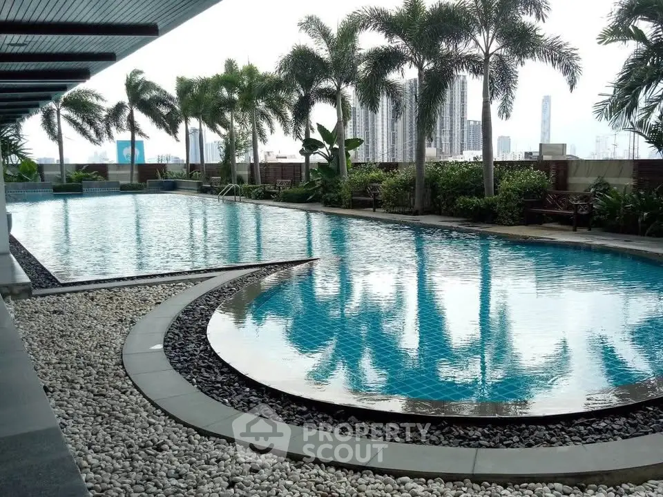 Luxurious rooftop pool with city skyline view and palm trees, perfect for relaxation and leisure.
