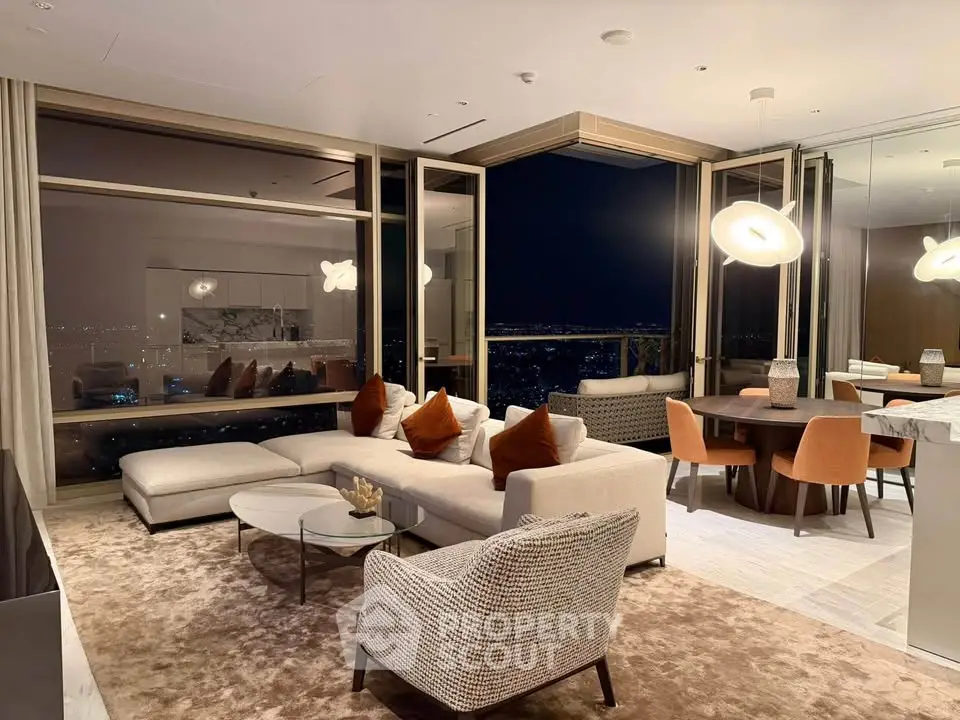 Luxurious living room with panoramic city view, modern furniture, and elegant lighting in a high-rise apartment.