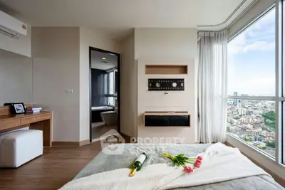 Luxurious bedroom with stunning city view and modern decor