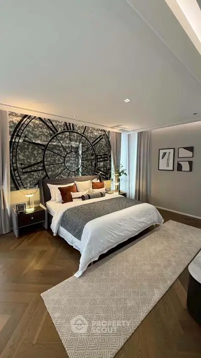 Luxurious bedroom with elegant decor and large clock feature wall, perfect for modern living.