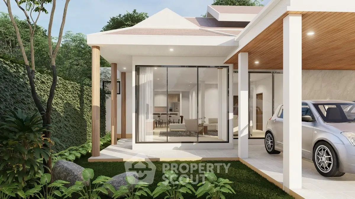 Modern house exterior with carport and lush garden, showcasing sleek design and spacious layout.