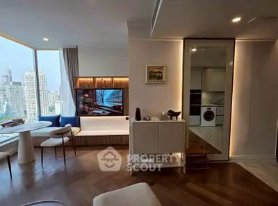 Luxurious modern living room with stunning city view and elegant decor