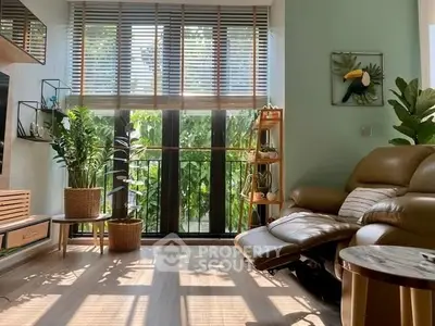 Charming living room with lush greenery view and cozy seating area