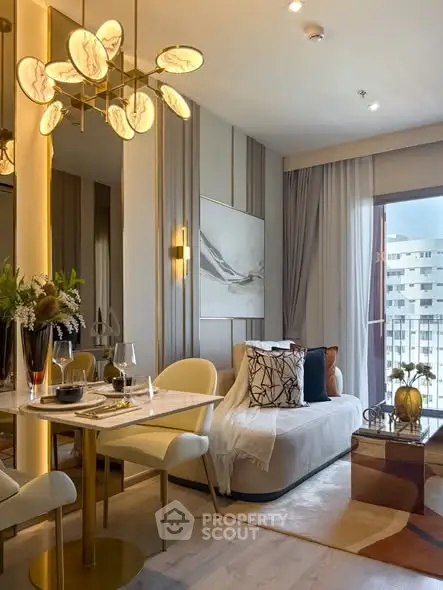 Luxurious modern living room with elegant decor and city view balcony.