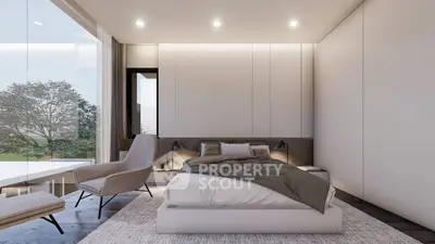 Modern minimalist bedroom with large windows and stylish furniture