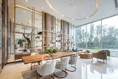 Luxurious modern living room with floor-to-ceiling windows and elegant decor