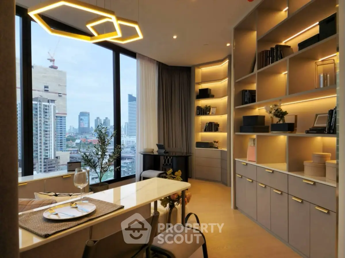 Modern living room with city view and stylish lighting in high-rise apartment