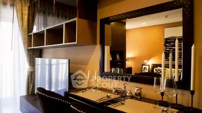Luxurious dining area with elegant decor and ambient lighting in modern apartment.