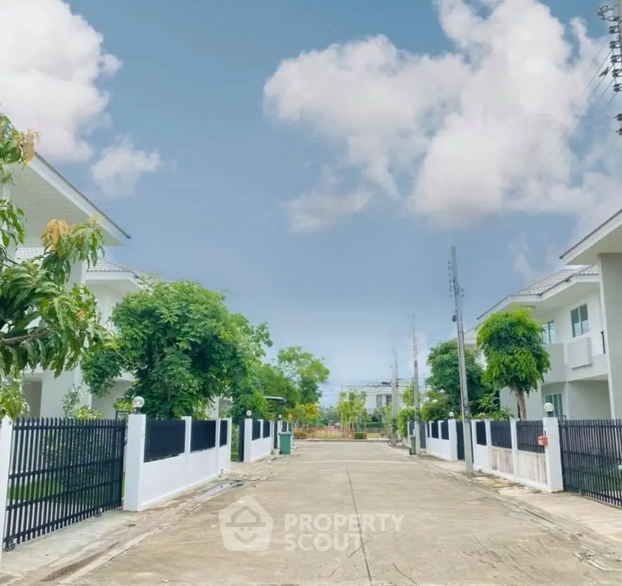 Charming suburban street with modern homes and lush greenery under a clear blue sky.