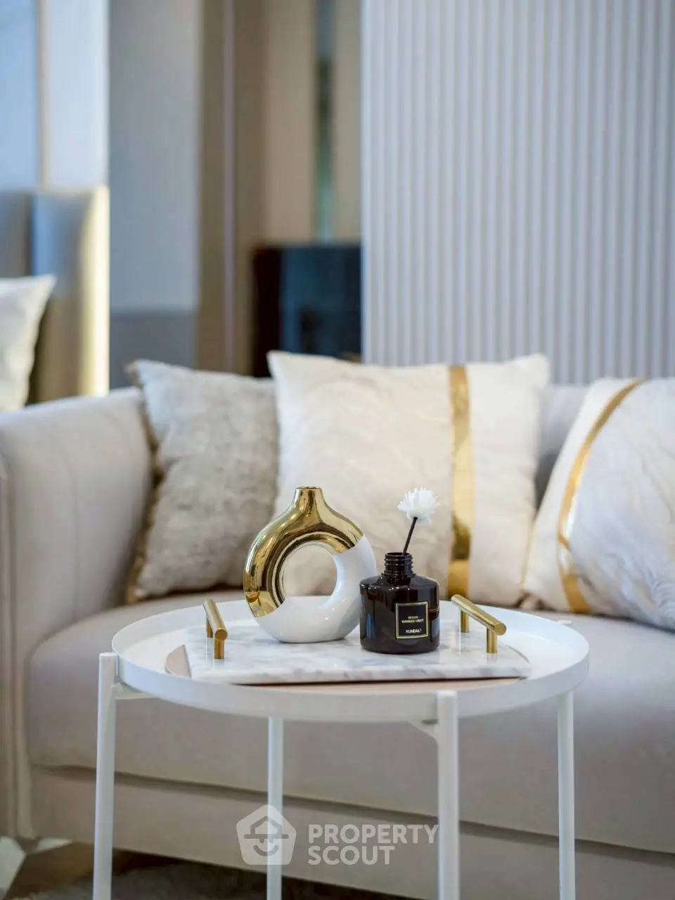 Elegant living room with stylish decor and plush cushions on a modern sofa, creating a cozy and inviting atmosphere.