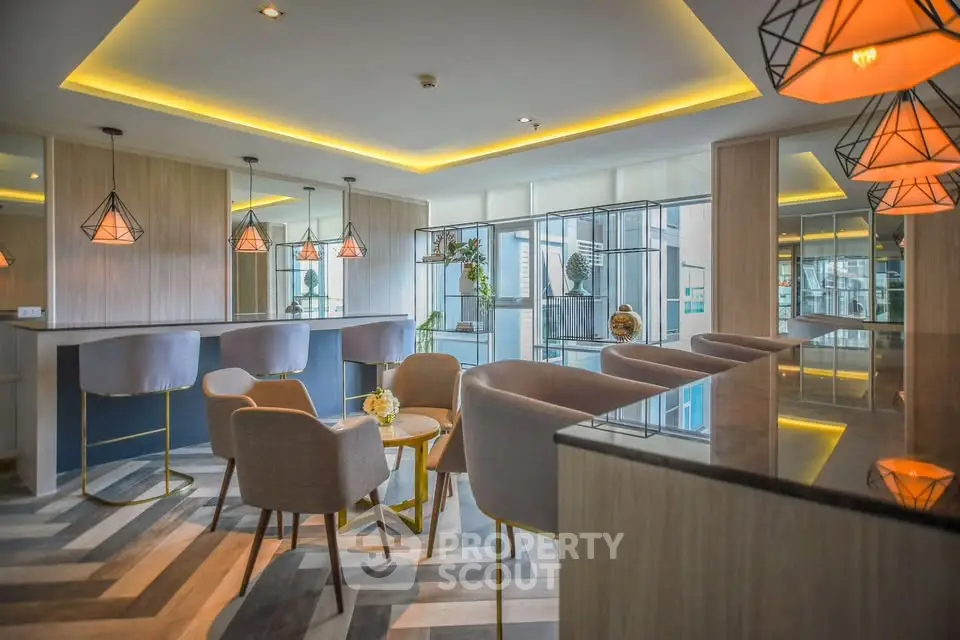 Luxurious modern living room with stylish lighting and elegant furniture