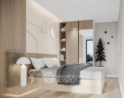 Modern bedroom with stylish wooden accents and cozy decor