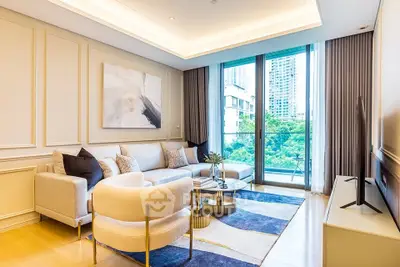 Luxurious modern living room with elegant decor and large windows offering a stunning city view.