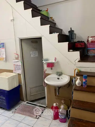 Compact under-stair storage with sink and cleaning supplies in a cozy home corner.