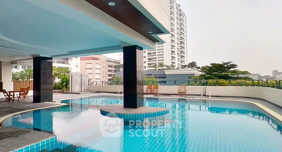 Luxurious rooftop pool with city views in modern residential building