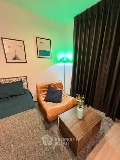 Cozy bedroom with modern decor and ambient lighting