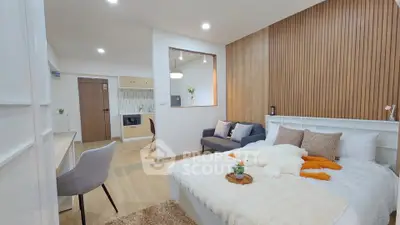 Modern bedroom with cozy decor and stylish wooden accents