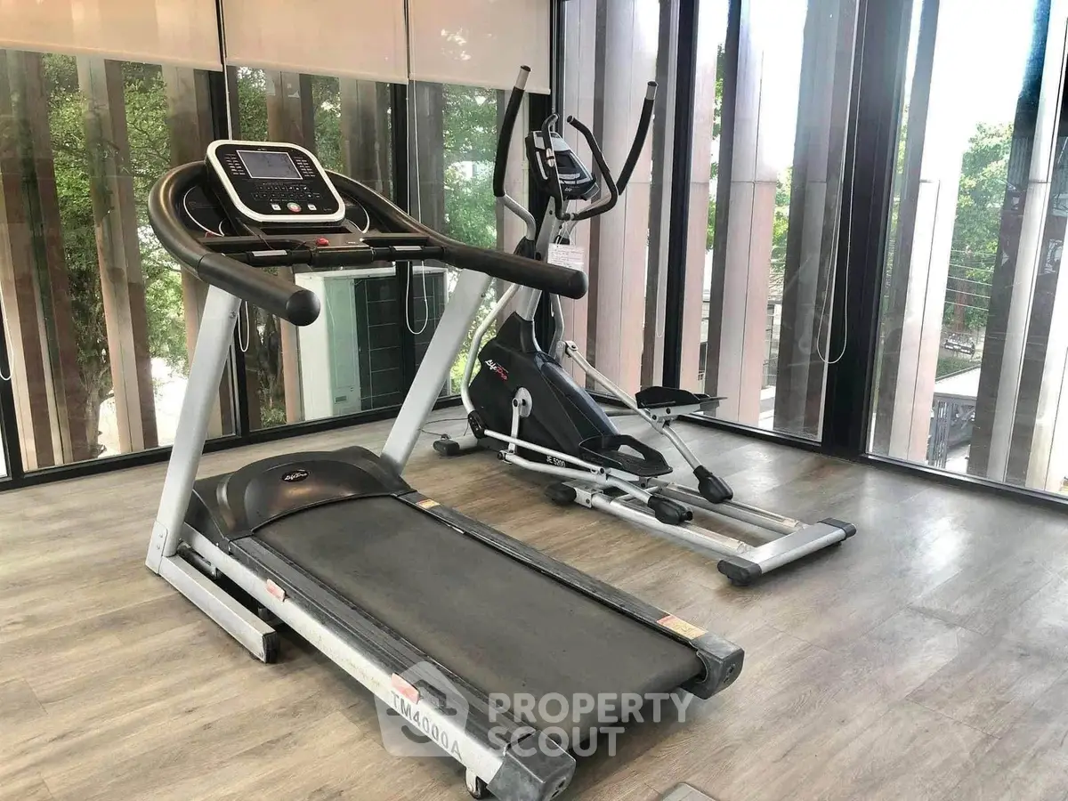 Modern gym with treadmill and elliptical in a bright, glass-walled fitness area.
