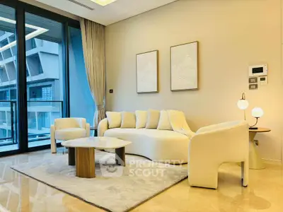 Luxurious modern living room with elegant furniture and large windows offering stunning views.