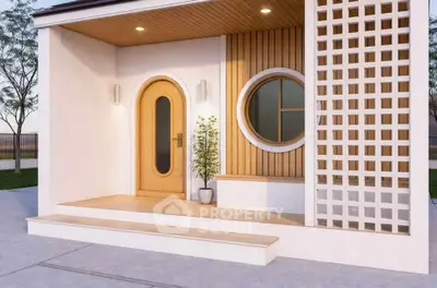 Modern minimalist house entrance with unique circular window and wooden accents.