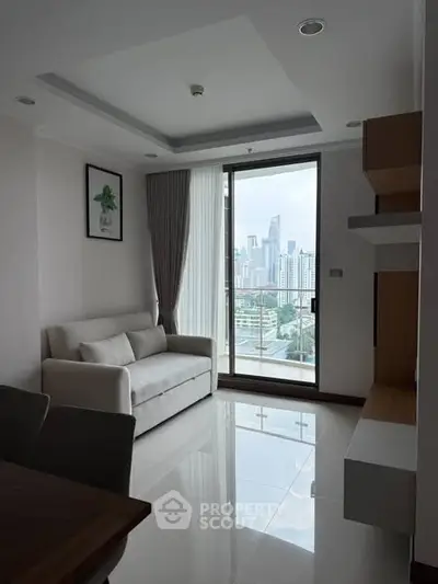 Modern living room with city view and sleek furnishings