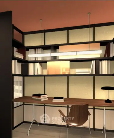 Modern study room with sleek wooden desk and stylish shelving, perfect for productivity and elegance.