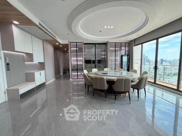 Luxurious modern dining area with panoramic city views and elegant furnishings.