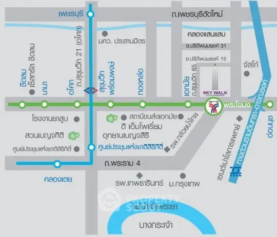Map showing location of Sky Walk condominium near BTS Phra Khanong in Bangkok.