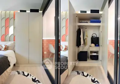 Modern bedroom with sleek wardrobe and stylish decor, showcasing contemporary interior design.