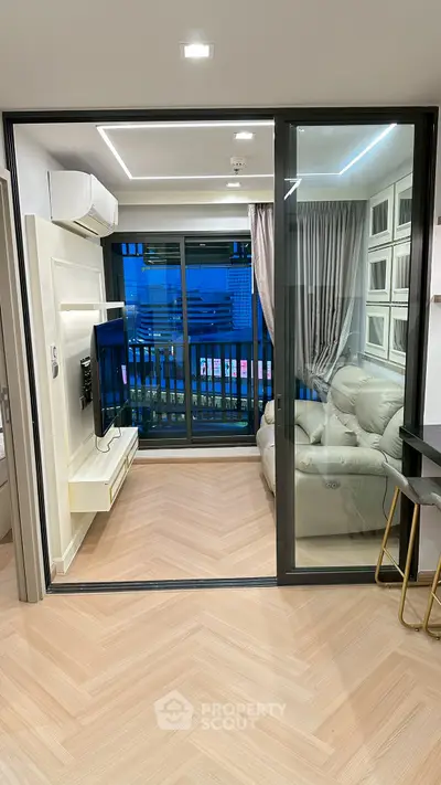 Modern living room with balcony view and stylish interior design