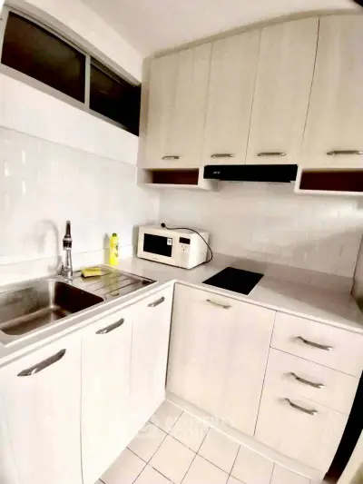 Modern compact kitchen with sleek cabinets and built-in appliances.