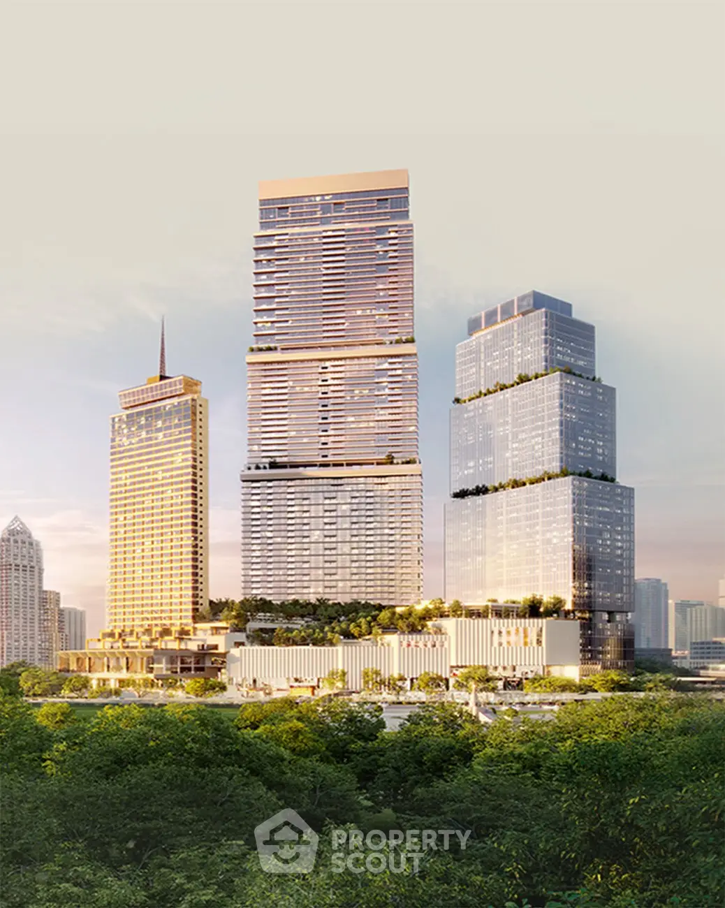 Stunning modern skyscrapers with lush greenery in urban skyline