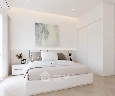 Elegant minimalist bedroom with modern decor and soft lighting