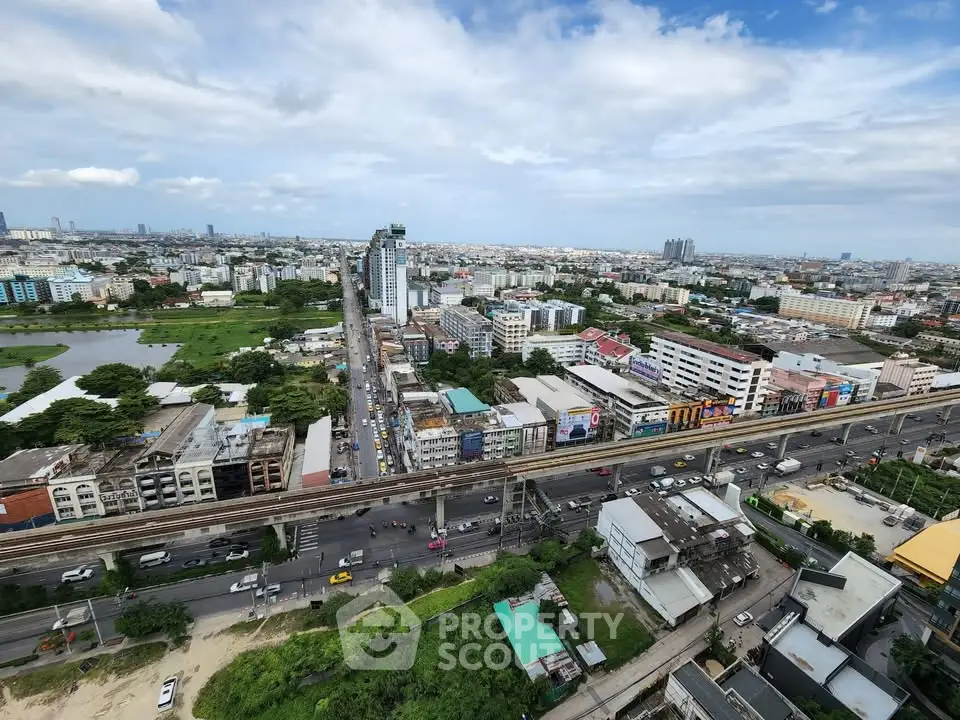 Stunning aerial view of urban landscape with bustling streets and modern buildings under a vibrant sky.