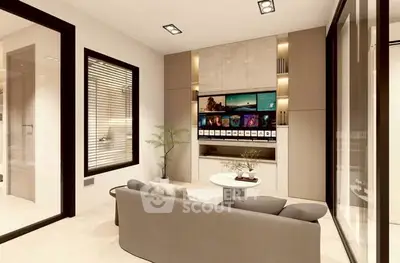 Modern living room with sleek design and built-in entertainment center