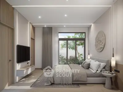 Luxurious modern bedroom with large window and elegant decor