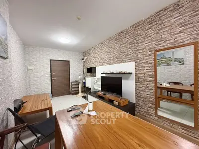 Modern living room with stylish brick accent wall and wooden furniture