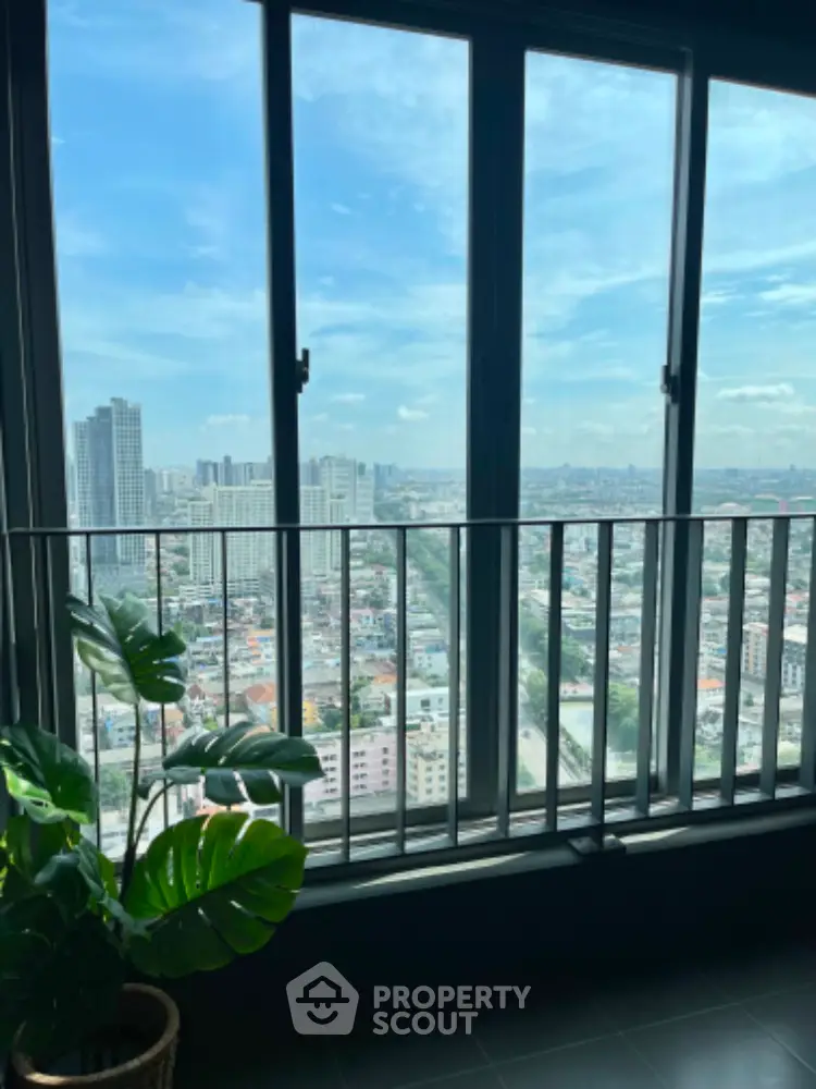 Stunning cityscape view from high-rise balcony with large windows and lush plant.
