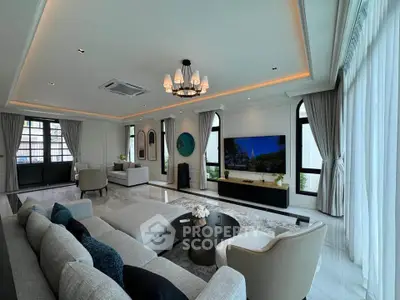 Luxurious modern living room with elegant decor and large windows