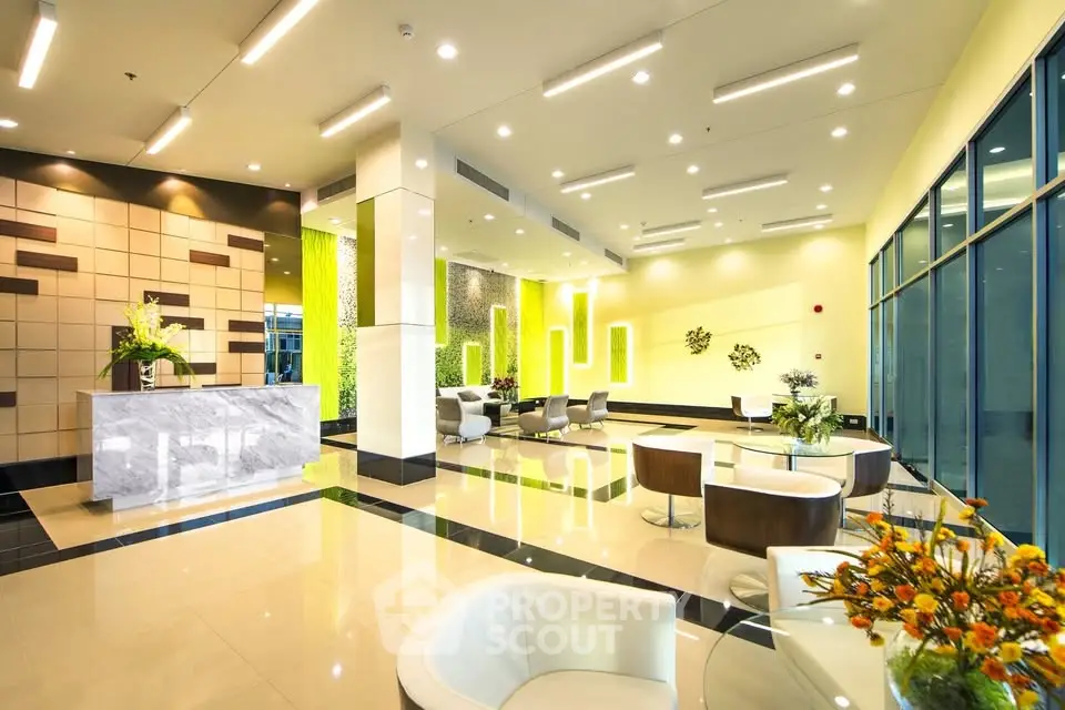 Luxurious modern lobby with elegant seating and vibrant decor