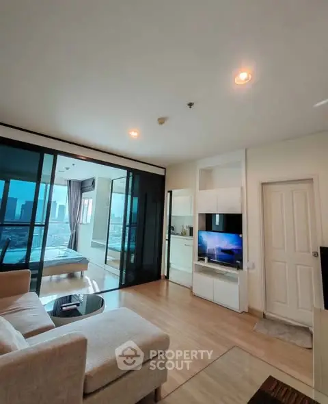 Modern living room with city view and sleek interior design