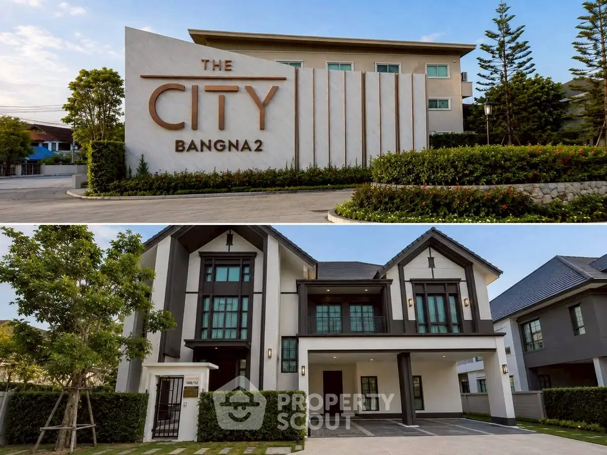 Luxurious modern house in The City Bangna with elegant facade and lush landscaping.